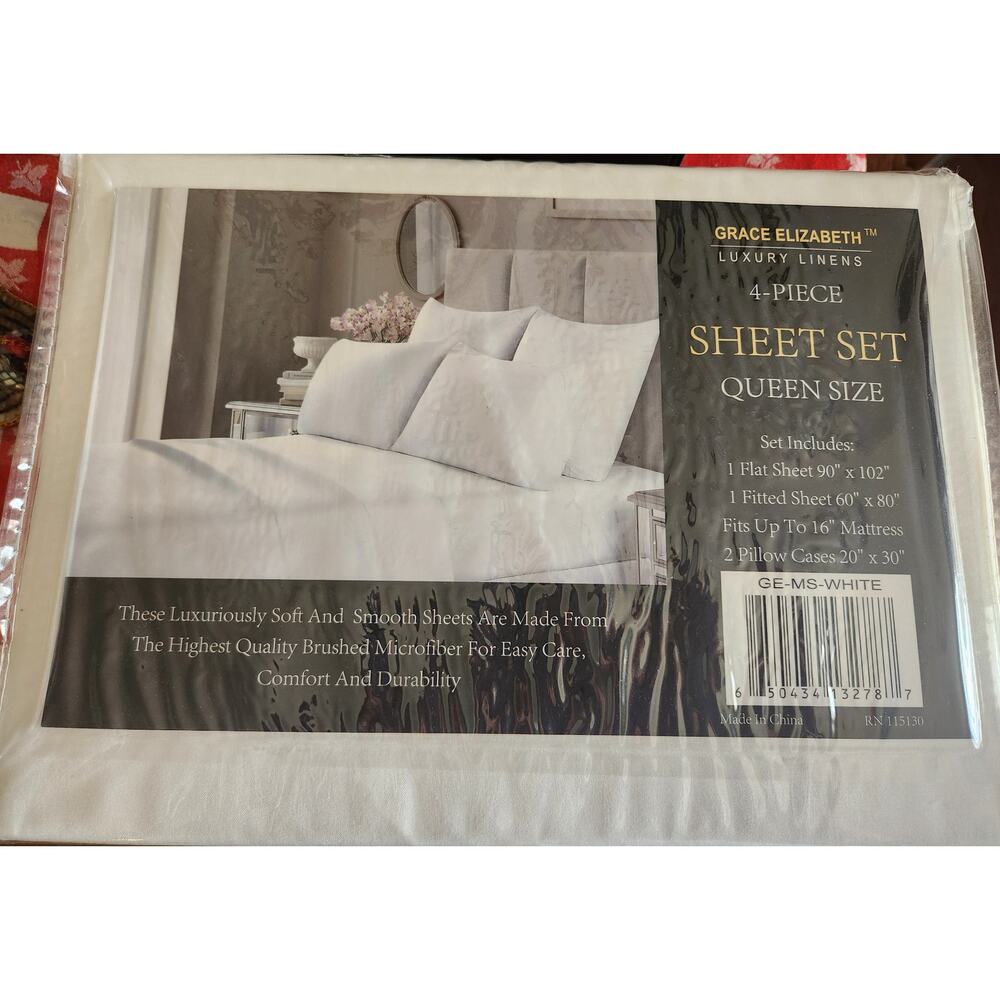 Grace Elizabeth New Luxury Linens 4 Piece Queen Sheet Set White Fitted Mattress